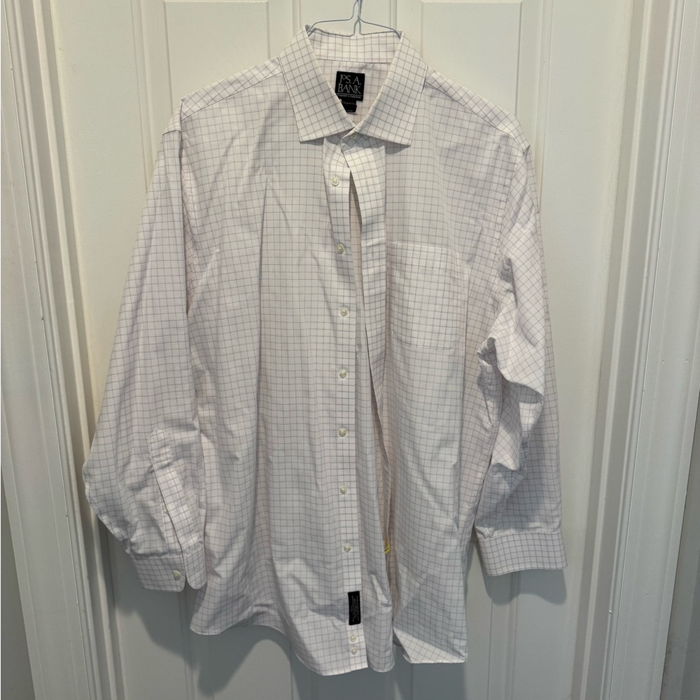 Mens Jos. A. Bank White Checkered Tailored Fit Dress Shirt Size 17-34